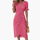 Women's V-Neck Midi Dress – Short Sleeve & Defined Waist