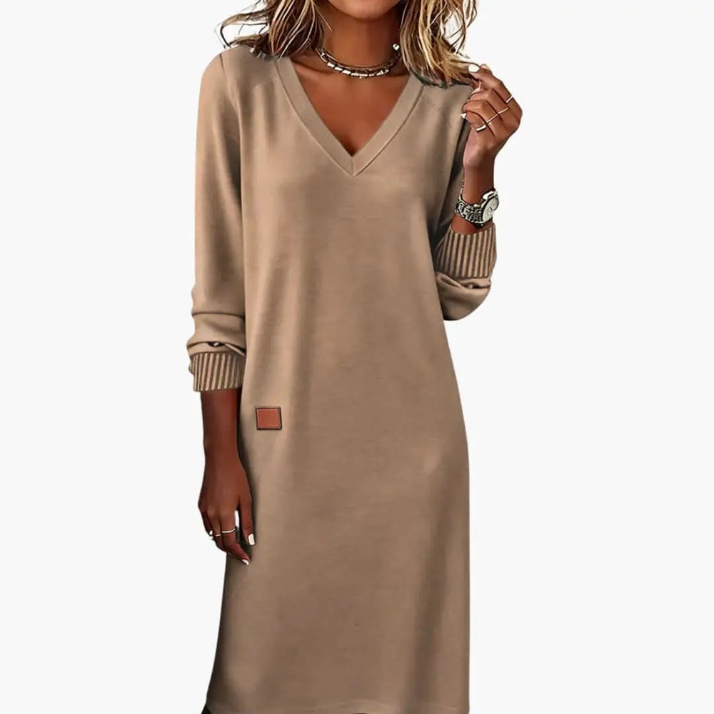 Women's Midi Dress – V-Neck, Long Sleeves & Side Pockets
