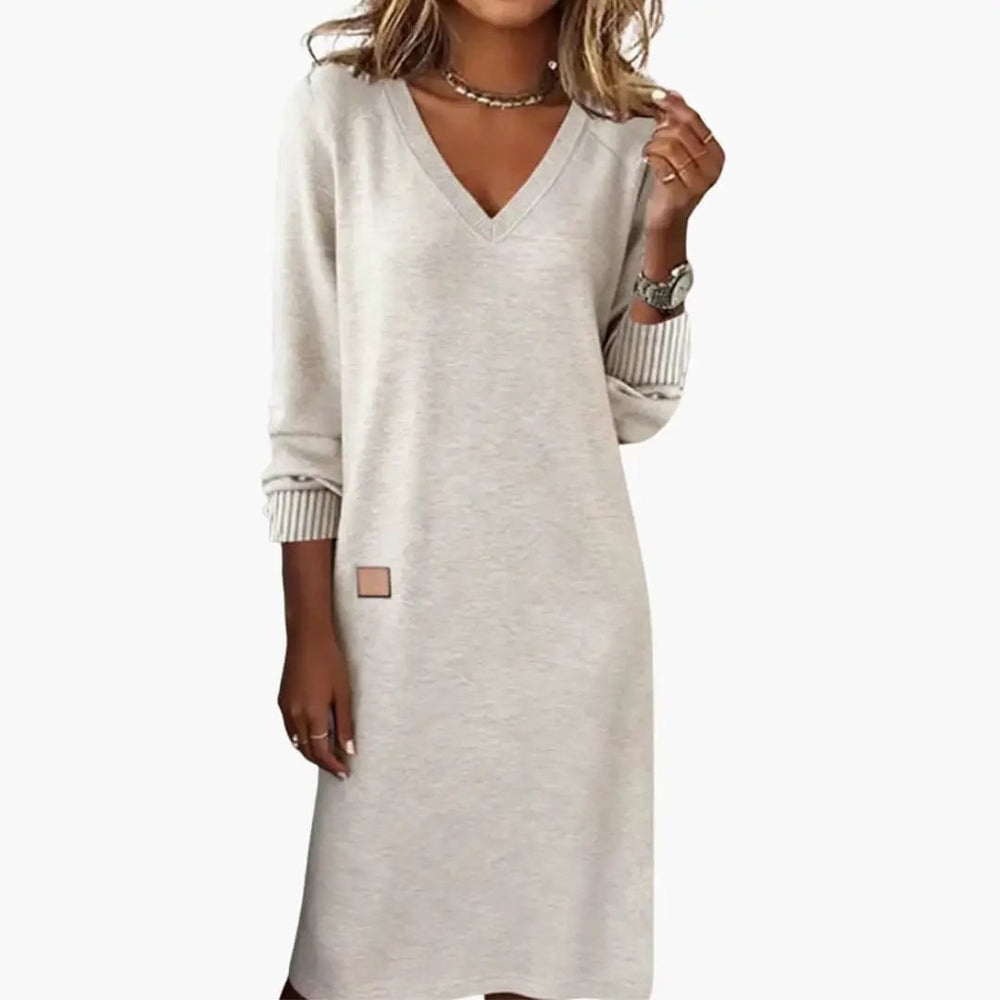 Women's Midi Dress – V-Neck, Long Sleeves & Side Pockets