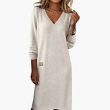 Women's Midi Dress – V-Neck, Long Sleeves & Side Pockets