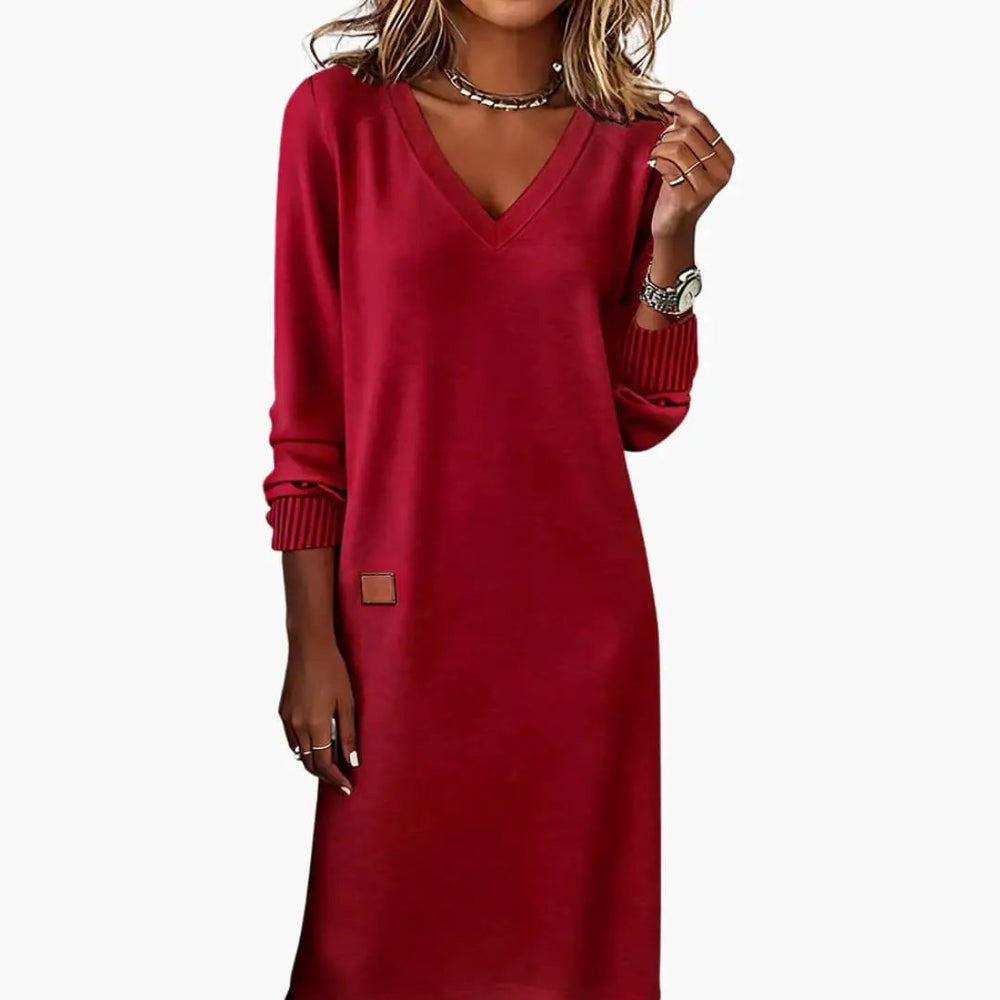 Women's Midi Dress – V-Neck, Long Sleeves & Side Pockets