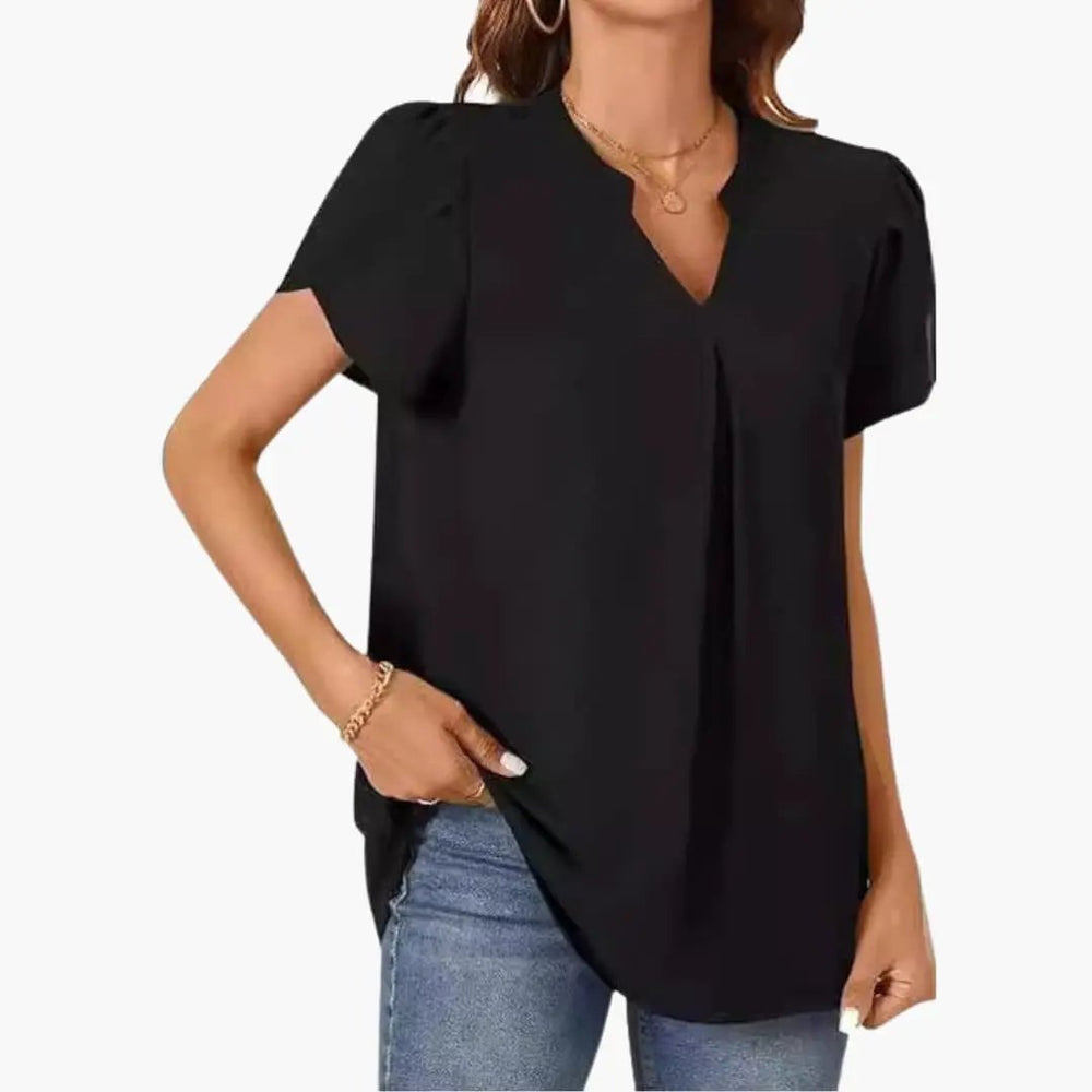 Women's V-Neck Blouse – Puff Sleeves, Loose Fit & Woven Pullover Style