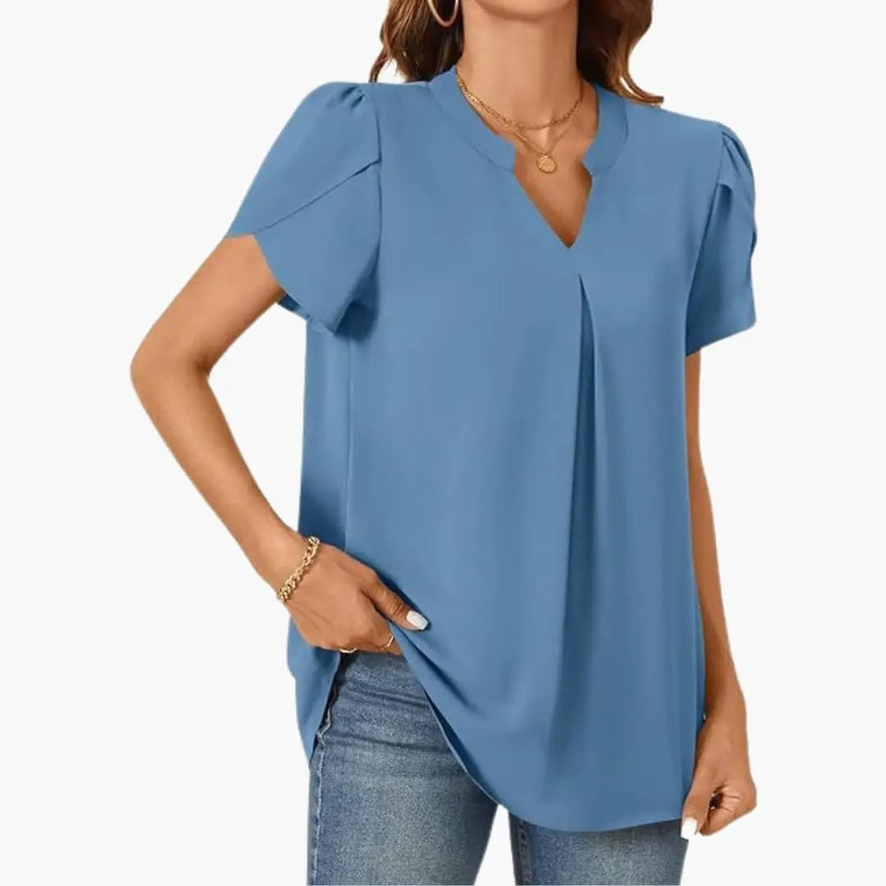 Women's V-Neck Blouse – Puff Sleeves, Loose Fit & Woven Pullover Style