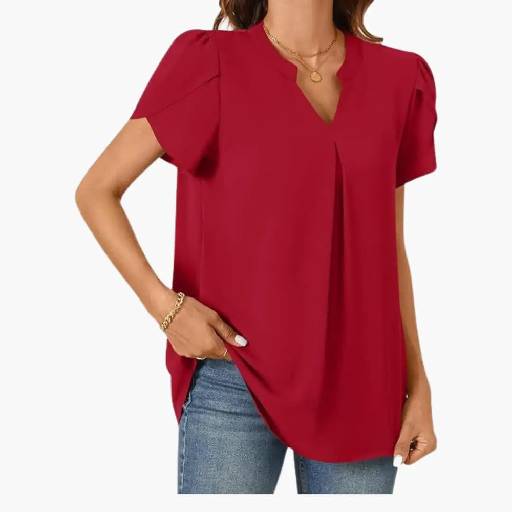 Women's V-Neck Blouse – Puff Sleeves, Loose Fit & Woven Pullover Style