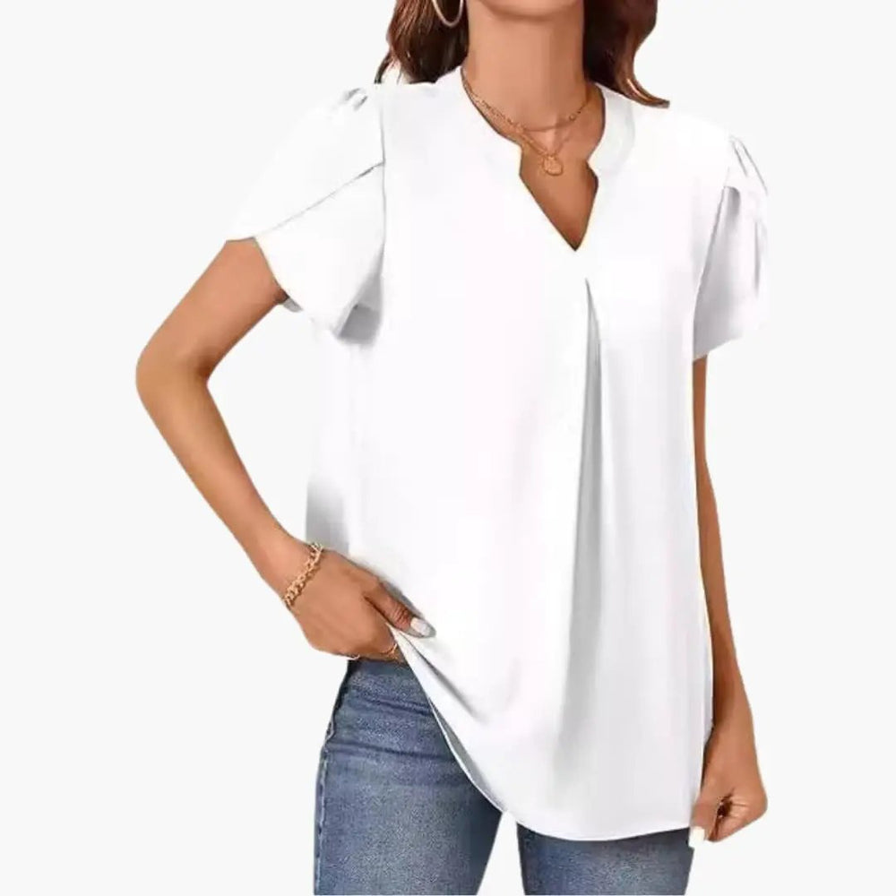 Women's V-Neck Blouse – Puff Sleeves, Loose Fit & Woven Pullover Style