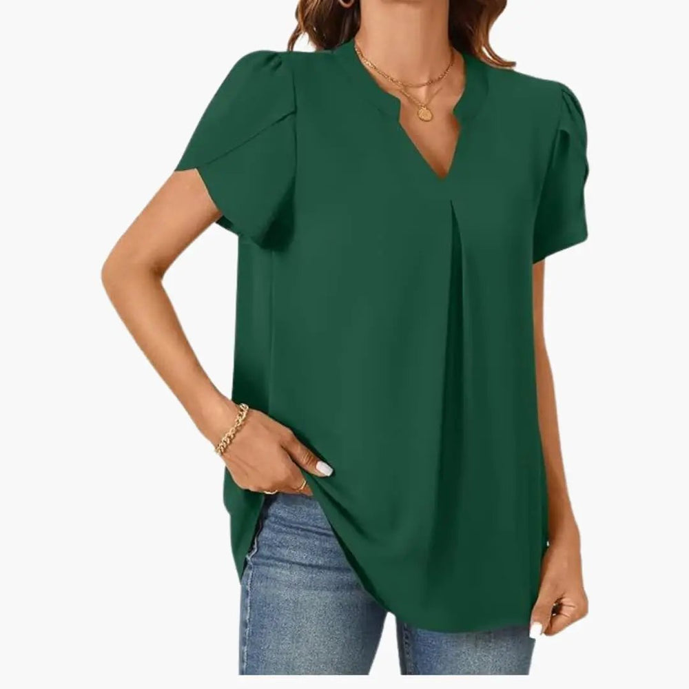 Women's V-Neck Blouse – Puff Sleeves, Loose Fit & Woven Pullover Style