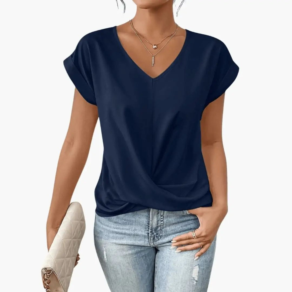 Women's Blouse – V-Neck Design, Short Sleeve Length & Relaxed Fit Silhouette