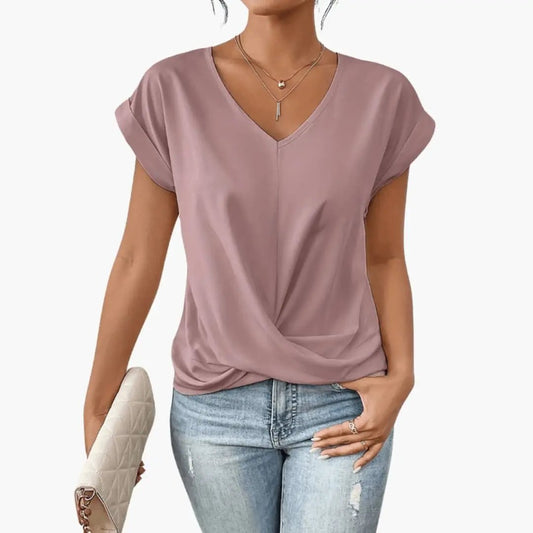 Women’s V-Neck Short Sleeve Blouse with Relaxed Fit and Straight Hem