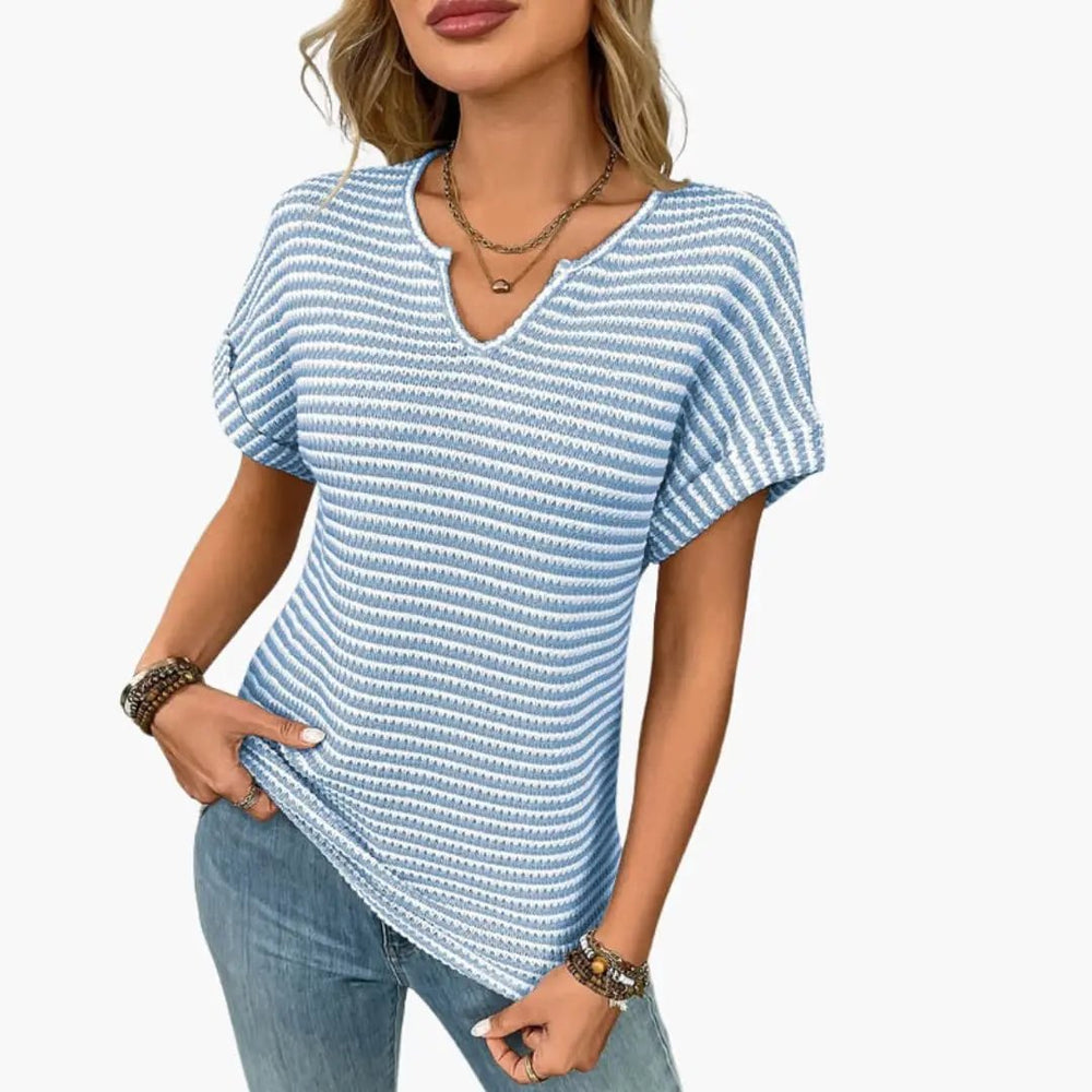 Women's V-Neck T-Shirt – Striped, Short Sleeve & Stretch Fit