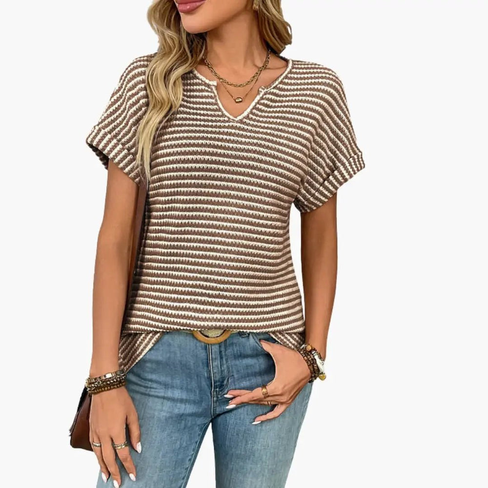 Women's V-Neck T-Shirt – Striped, Short Sleeve & Stretch Fit