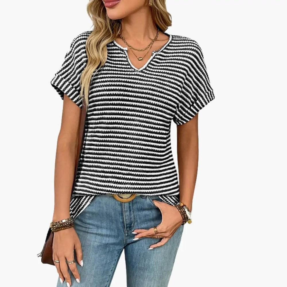 Women's V-Neck T-Shirt – Striped, Short Sleeve & Stretch Fit