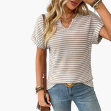 Women's V-Neck T-Shirt – Striped, Short Sleeve & Stretch Fit