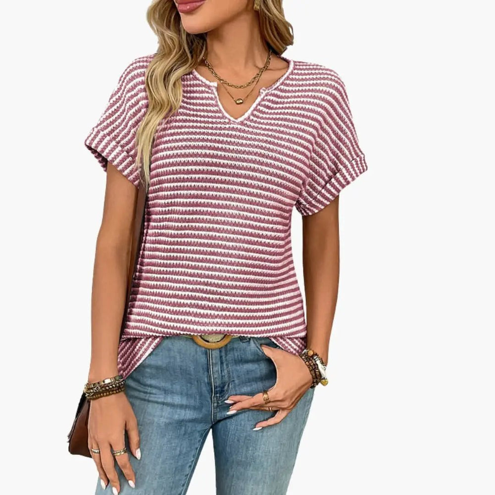 Women's V-Neck T-Shirt – Striped, Short Sleeve & Stretch Fit