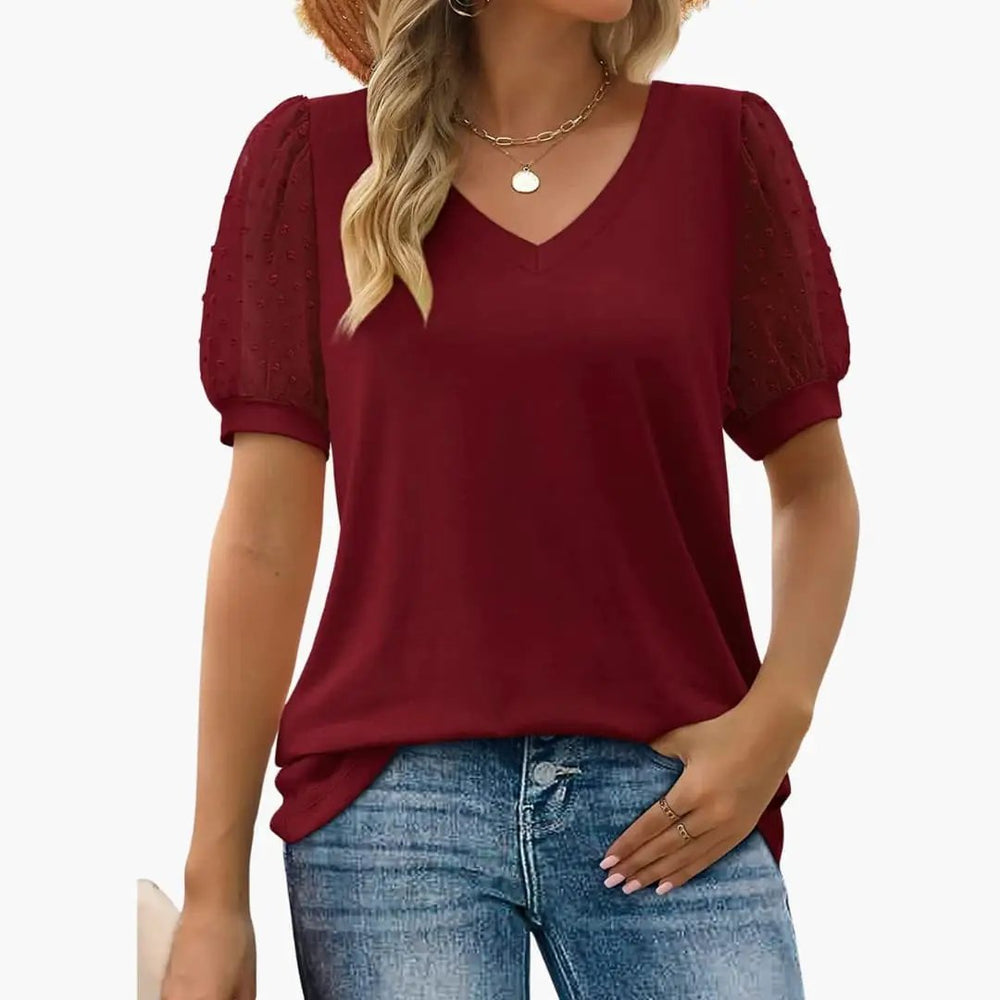 Women's V-Neck T-Shirt – Puff Sleeves, Pull-On Style & Straight Hem