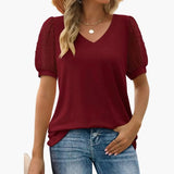 Women's V-Neck T-Shirt – Puff Sleeves, Pull-On Style & Straight Hem