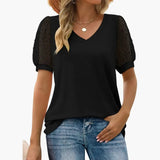 Women's V-Neck T-Shirt – Puff Sleeves, Pull-On Style & Straight Hem