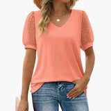 Women's V-Neck T-Shirt – Puff Sleeves, Pull-On Style & Straight Hem