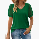 Women's V-Neck T-Shirt – Puff Sleeves, Pull-On Style & Straight Hem