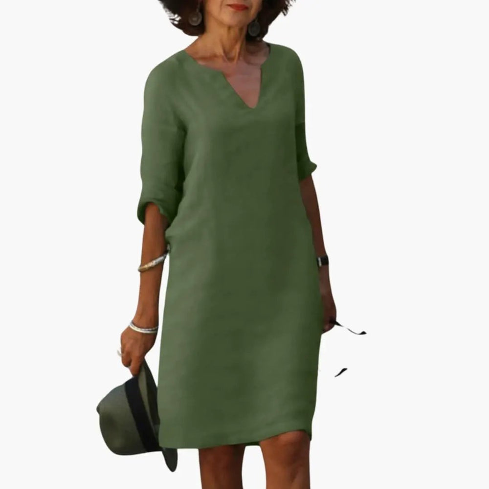 Women's Knee-Length Dress – V-Neck, Three-Quarter Sleeves & Straight Fit