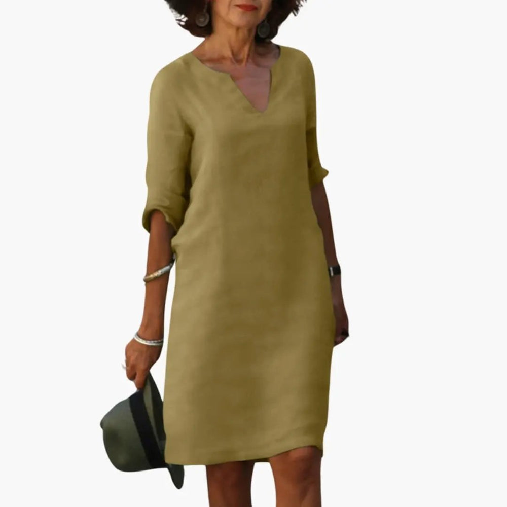 Women's Knee-Length Dress – V-Neck, Three-Quarter Sleeves & Straight Fit