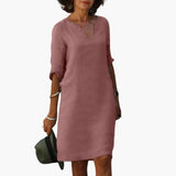 Women's Knee-Length Dress – V-Neck, Three-Quarter Sleeves & Straight Fit