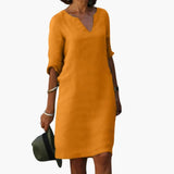 Women's Knee-Length Dress – V-Neck, Three-Quarter Sleeves & Straight Fit