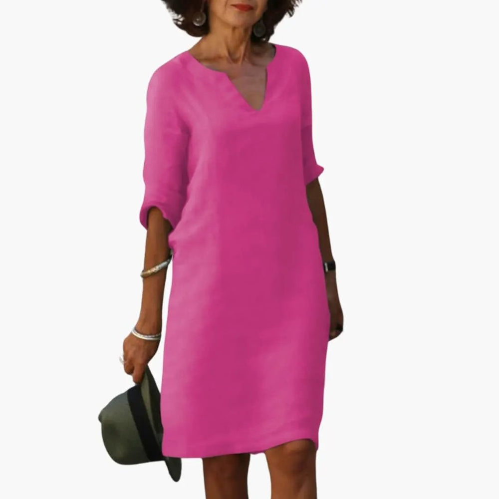 Women's Knee-Length Dress – V-Neck, Three-Quarter Sleeves & Straight Fit