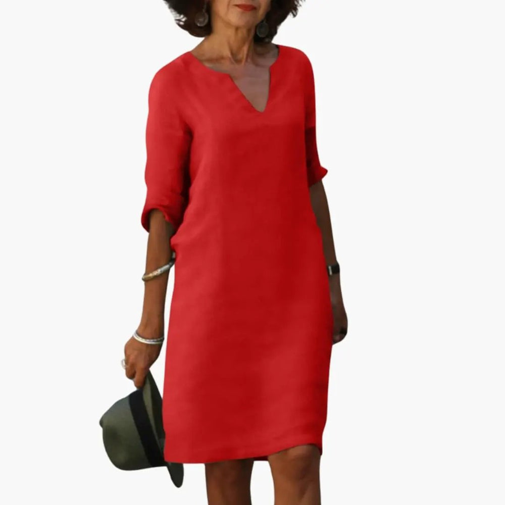 Women's Knee-Length Dress – V-Neck, Three-Quarter Sleeves & Straight Fit
