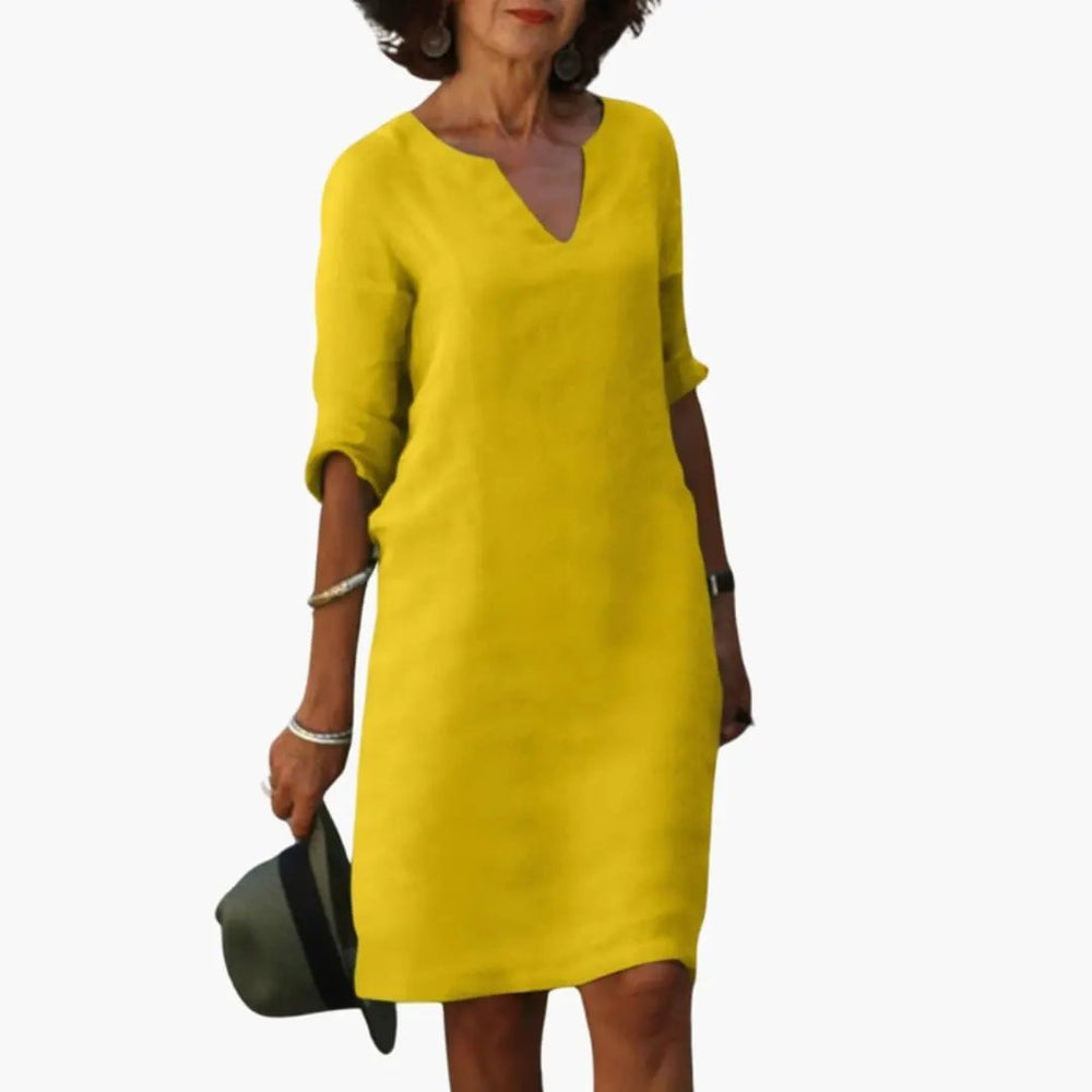 Women's Knee-Length Dress – V-Neck, Three-Quarter Sleeves & Straight Fit