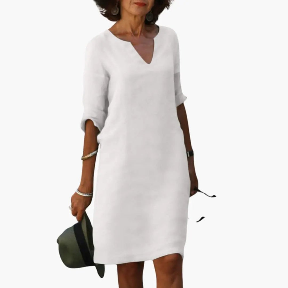 Women's Knee-Length Dress – V-Neck, Three-Quarter Sleeves & Straight Fit