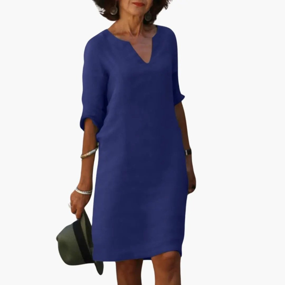 Women's Knee-Length Dress – V-Neck, Three-Quarter Sleeves & Straight Fit