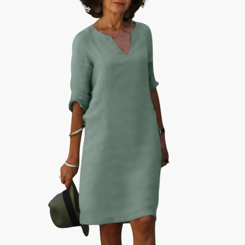 Women's Knee-Length Dress – V-Neck, Three-Quarter Sleeves & Straight Fit