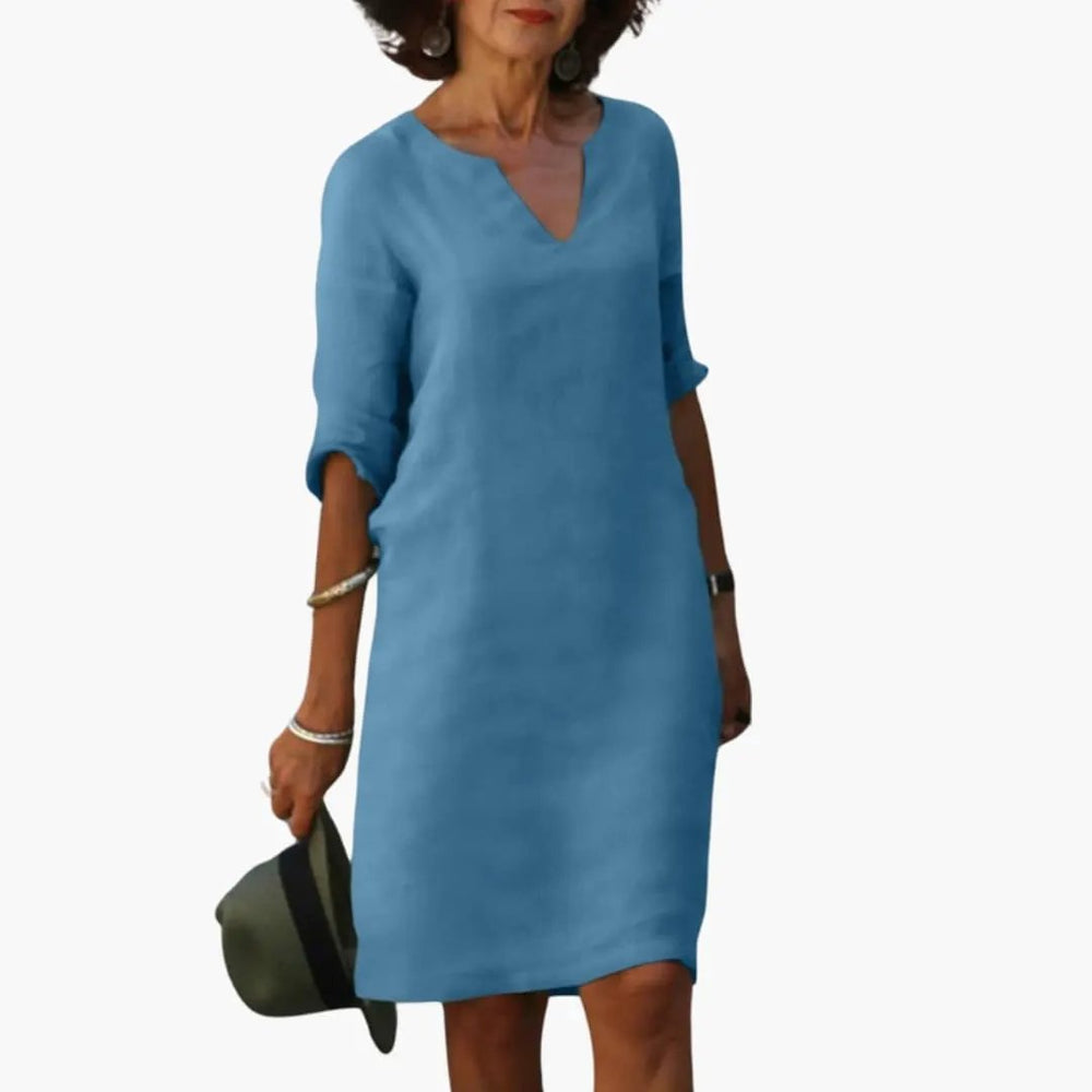 Women's Knee-Length Dress – V-Neck, Three-Quarter Sleeves & Straight Fit