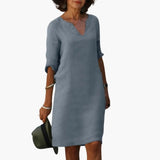 Women's Knee-Length Dress – V-Neck, Three-Quarter Sleeves & Straight Fit