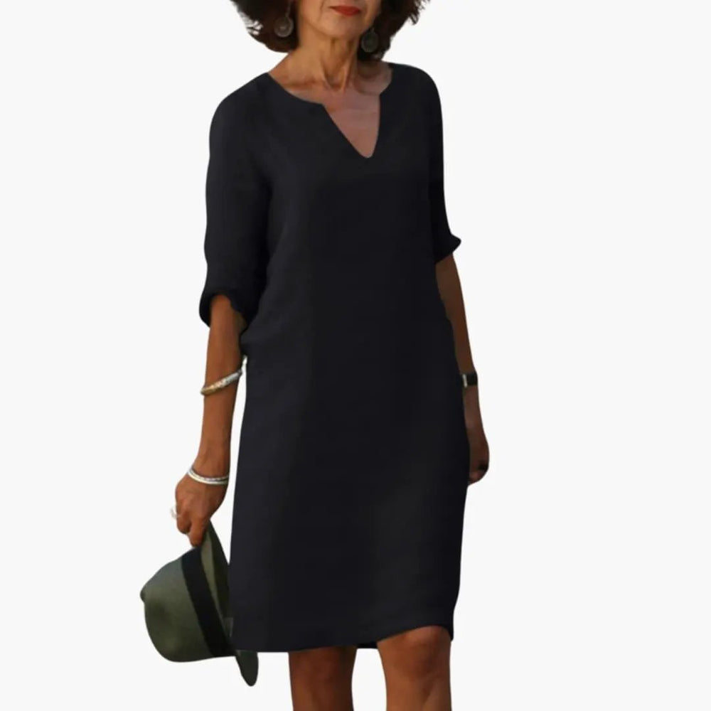 Women's Knee-Length Dress – V-Neck, Three-Quarter Sleeves & Straight Fit