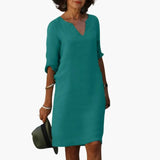Women's Knee-Length Dress – V-Neck, Three-Quarter Sleeves & Straight Fit