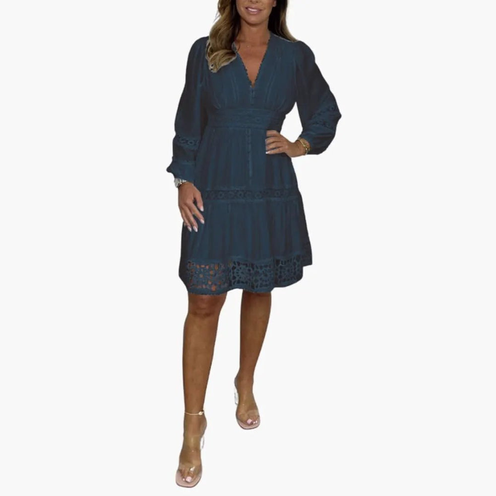 Women's Lace Midi Dress – V-Neck & Long Sleeves
