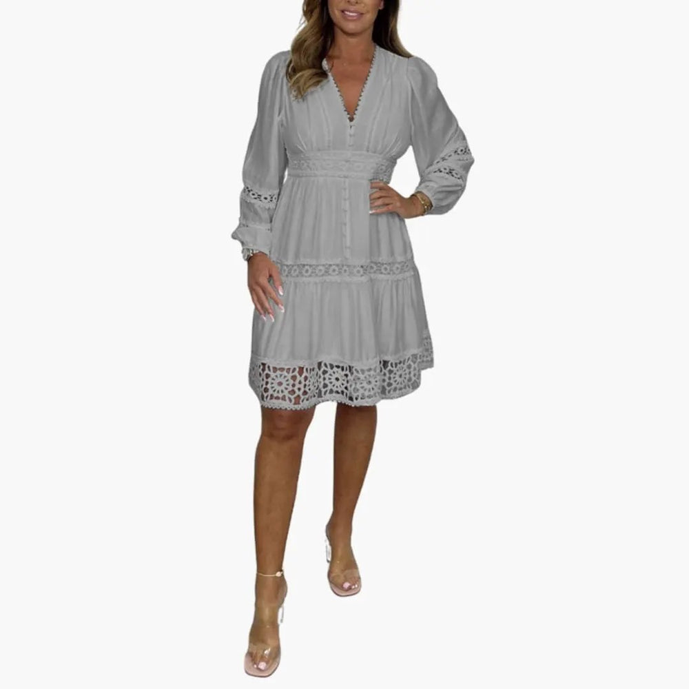 Women's Lace Midi Dress – V-Neck & Long Sleeves