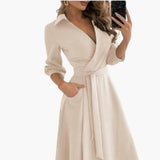 Women's Wrap Dress – Belted, Long Sleeve & Side Pockets
