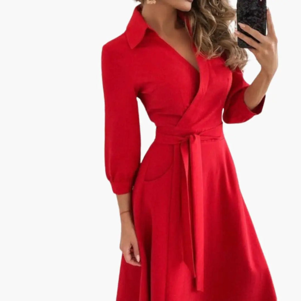 Women's Wrap Dress – Belted, Long Sleeve & Side Pockets