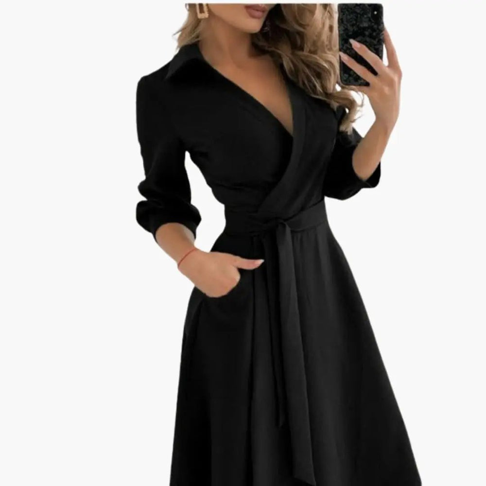 Women's Wrap Dress – Belted, Long Sleeve & Side Pockets