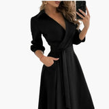 Women's Wrap Dress – Belted, Long Sleeve & Side Pockets