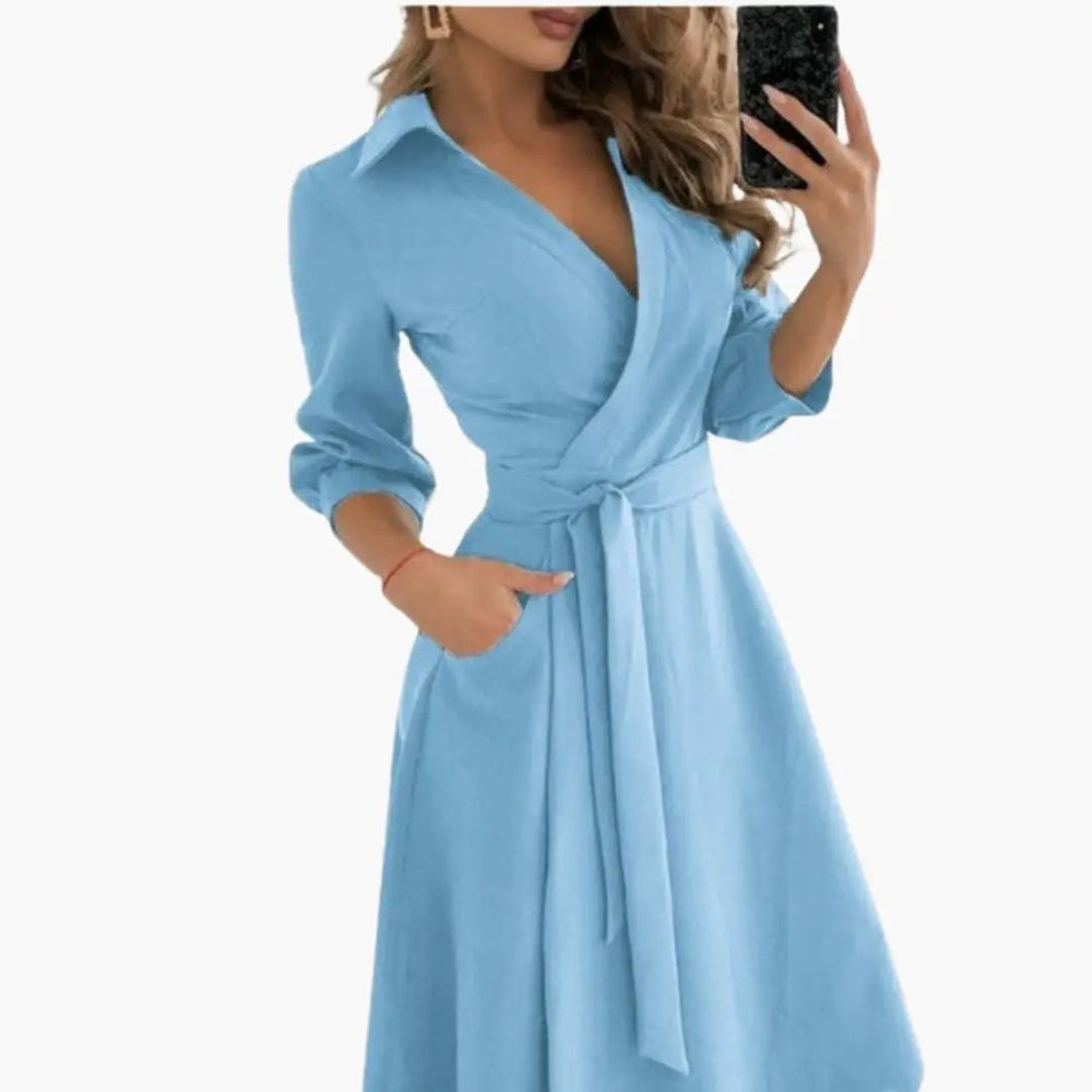 Women's Wrap Dress – Belted, Long Sleeve & Side Pockets