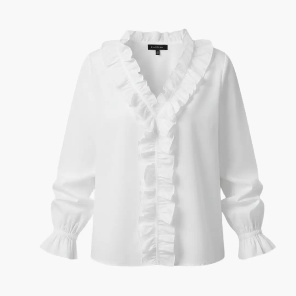 Women's Ruffle Blouse – V-Neck, Long Sleeve & Woven Fabric