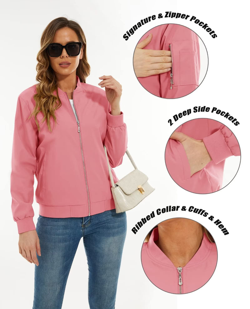 Women's Bomber Jacket with 3 Pockets Spring Windbreaker 3