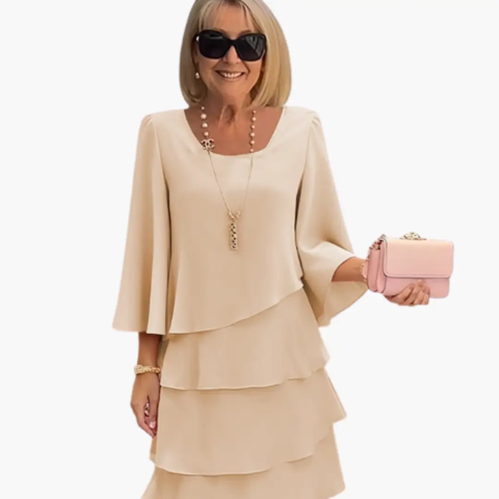 Women's Tiered Dress – Round Neck, Long Sleeve & Layered Skirt