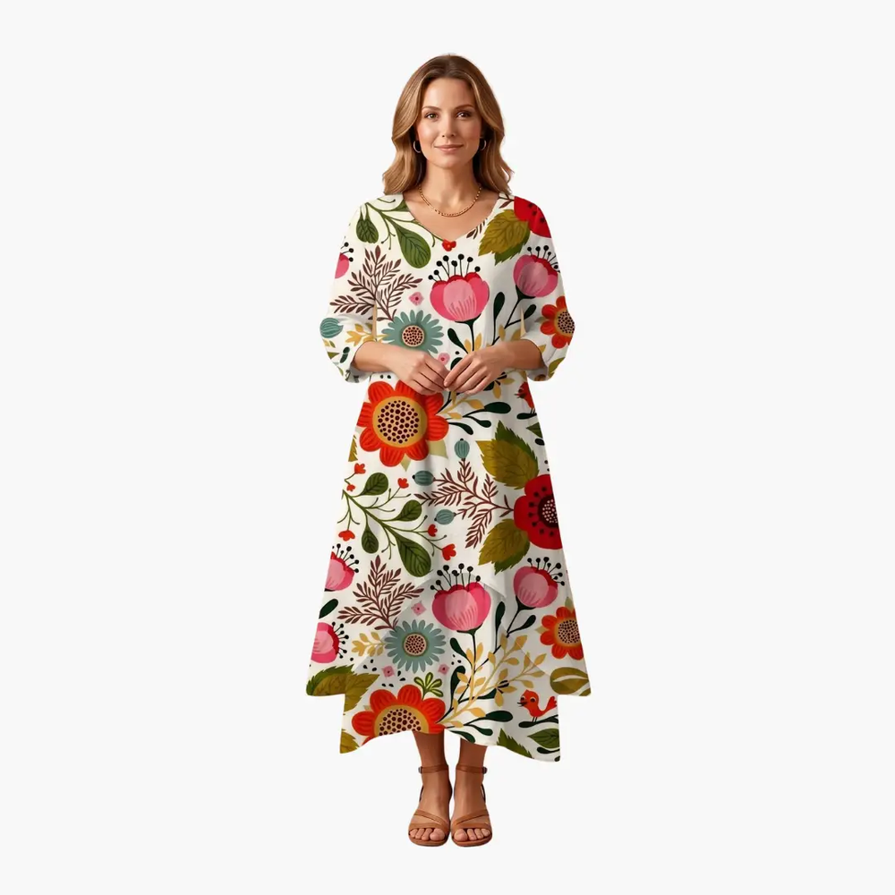 Women's A-Line Dress – Long Sleeve, Side Pockets & Round Neck