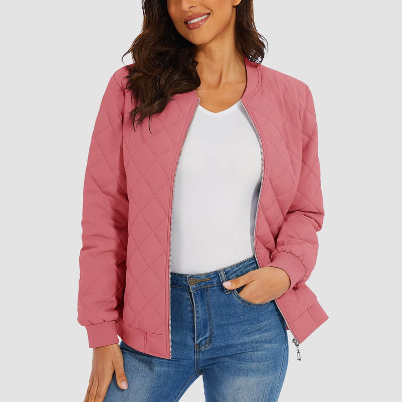 Women's Quilted Bomber Jacket with 2 Zip Pockets 15