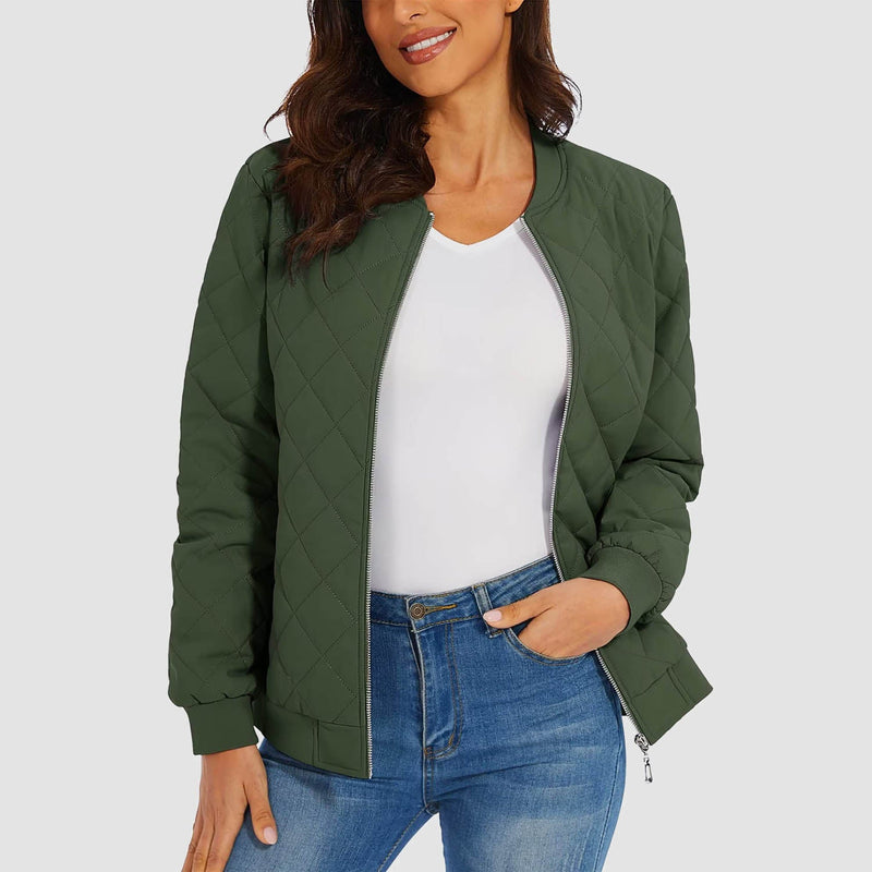 Women's Quilted Bomber Jacket with 2 Zip Pockets 16