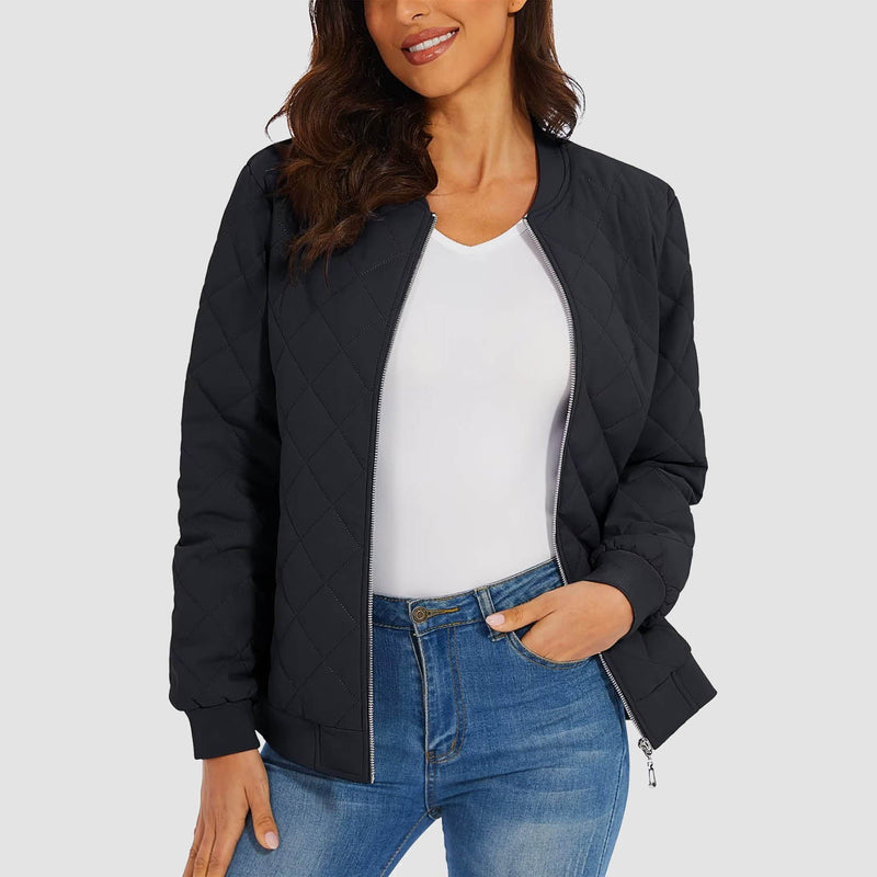 Women's Quilted Bomber Jacket with 2 Zip Pockets 17